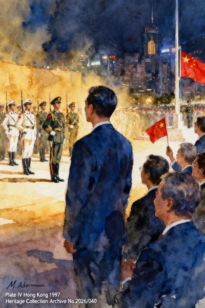 Atmospheric light watercolor painting of the handover of Hong Kong to the Chines 1997