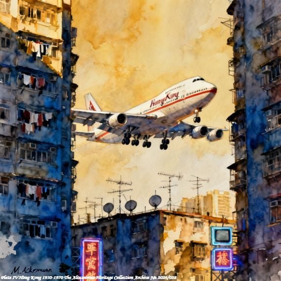Atmospheric watercolor painting of Boeing 747 Air HongKong landing at Hong Kong's Kai Tak Aiport