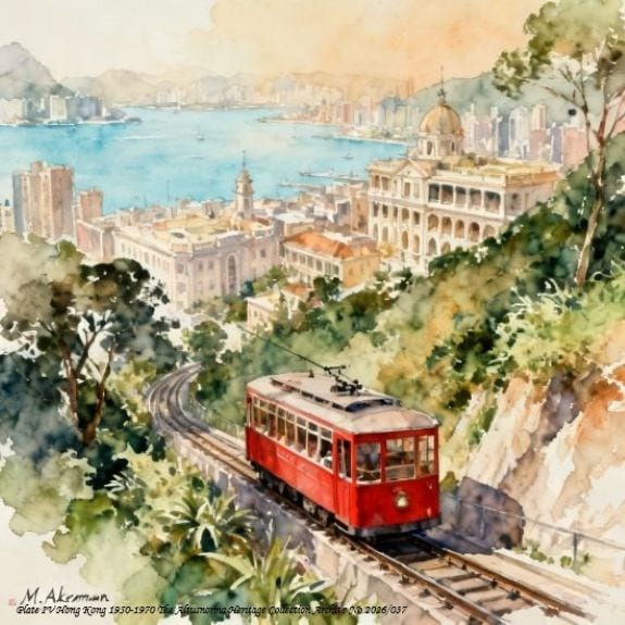 Atmospheric watercolor painting of the Peak Tram ascending Hong Kong's Victoria Peak in 1960
