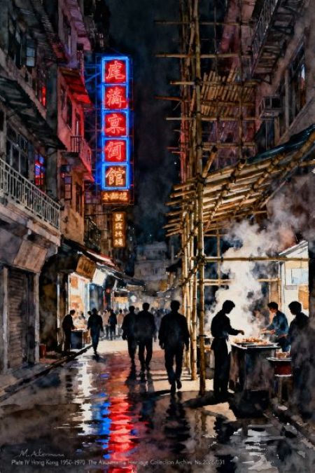 Atmospheric light watercolor painting of Hong Kong's narrow Kowloon street at night