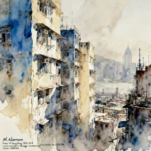 Atmospheric watercolor painting of Hong Kong's residential buildings 1980