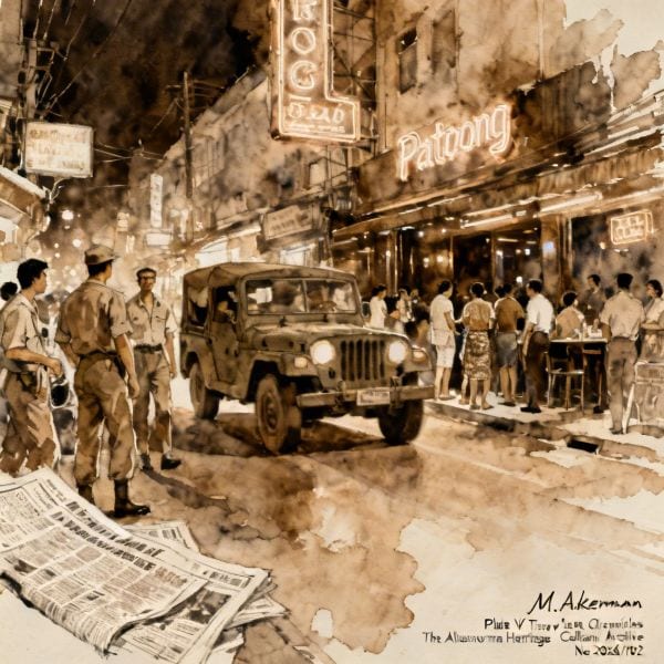Bernard Trink The Nite Owl 1960s Newspaper sketch Patpong street at nigh