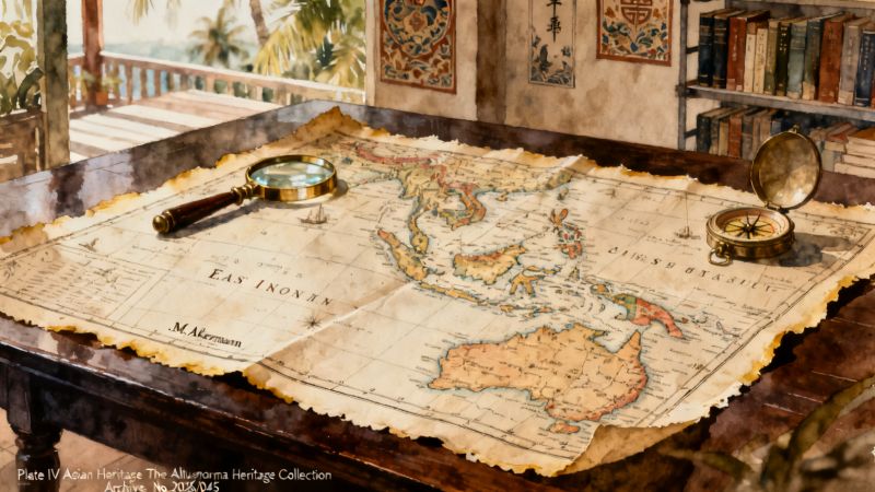 Watercolor painting of hand-colored map of the East Indies and Southeast Asia showcasing Asian Heritage destinations