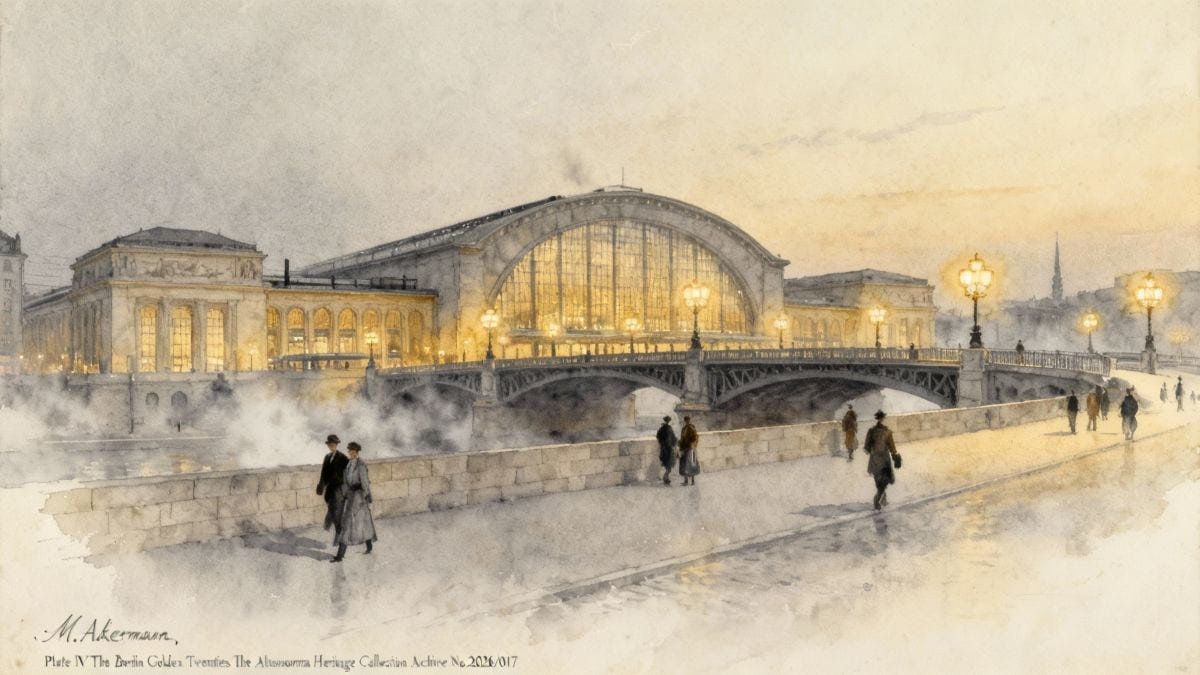 Watercolor painting of Berlin Bahnhof Friedrichstraße train station Golden Twenties1920s