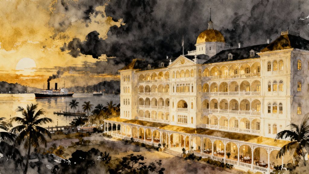 19th-century luxury African heritage hotel overlooking a tropical colonial harbor at dusk.