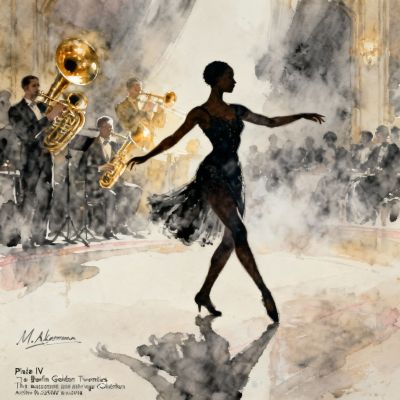 Watercolor painting of 1920s Berlin ballroom with Golden Twenties Charleston dancers