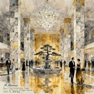 Watercolor painting of Hotel lobby with fountain Berlin's 1920s