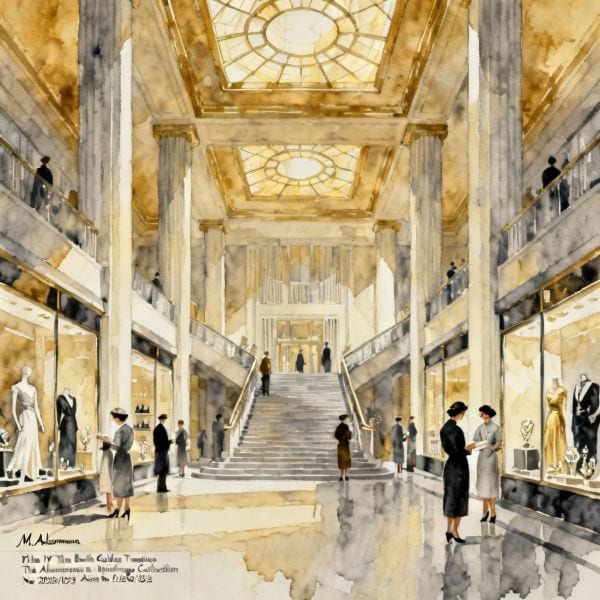 Watercolor painting of department store interior Golden Twenties 1920s Berlin