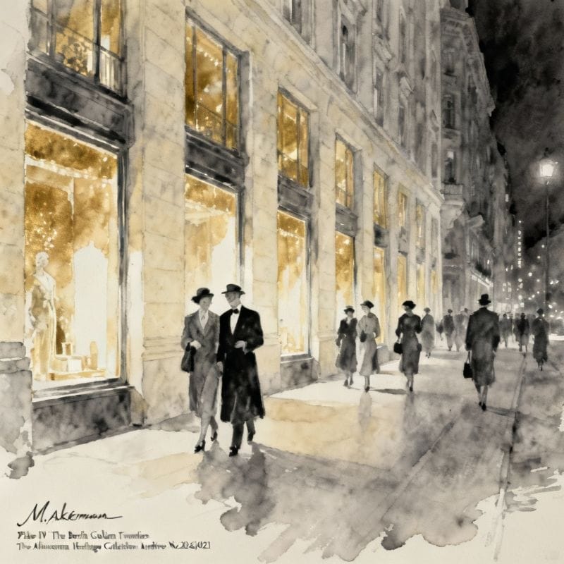 Watercolor painting of Berlin's 1920 Kurfürstendamm boulevard at night 