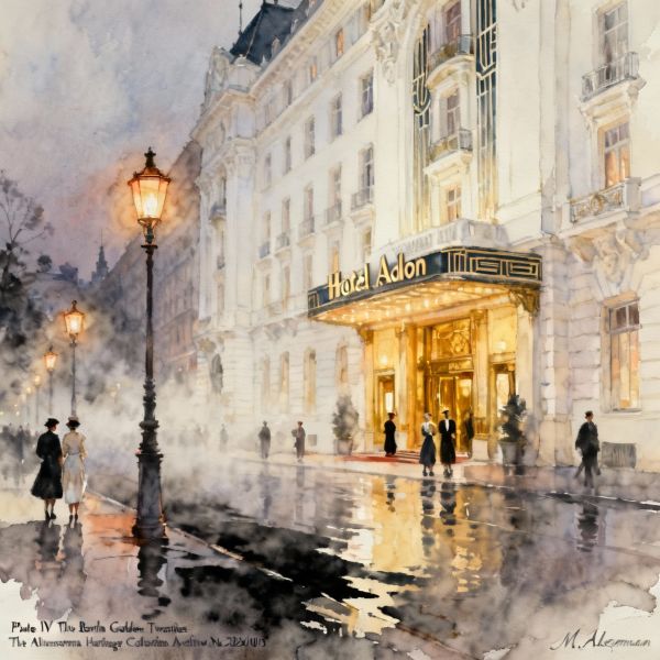 Watercolor painting of a Berlin's 1920s street at late evening. Front of the Neo renaissance entrance of the 'Hotel Adlon' in the Golden Twenties 
