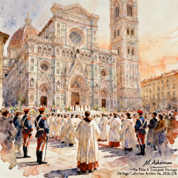 Watercolor painting of Easter mass in Florence in front of the Duomo. 