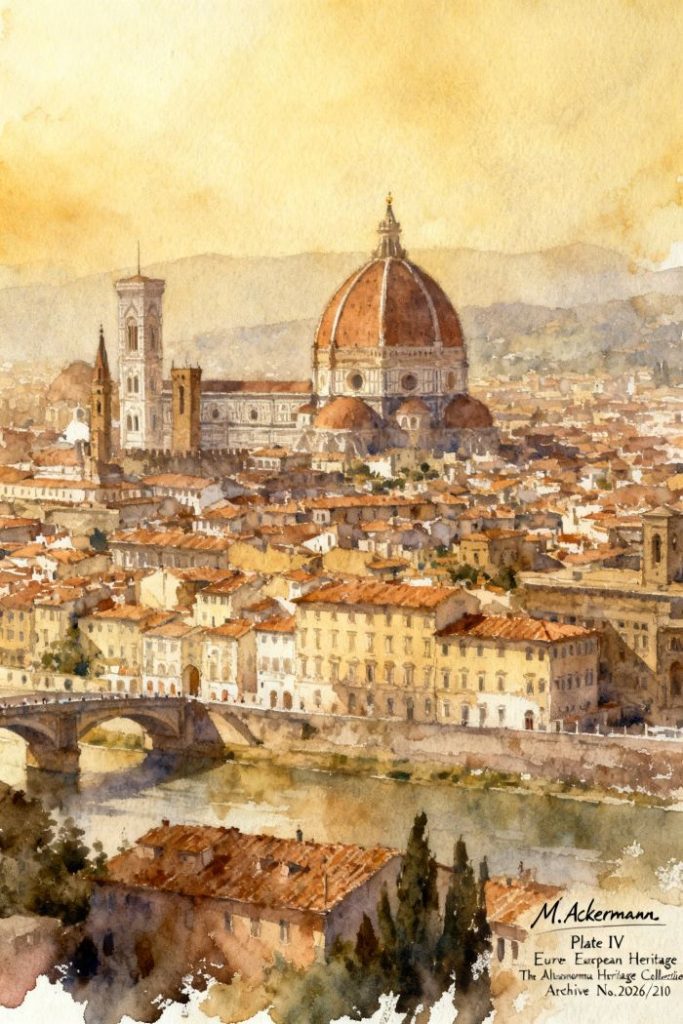 Watercolor painting of Florence skyline from Piazzale Michelangelo, Duomo dome dominant in center, Ponte Vecchio spanning Arno.