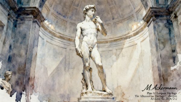 Watercolor painting of Michelangelo's David sculpture