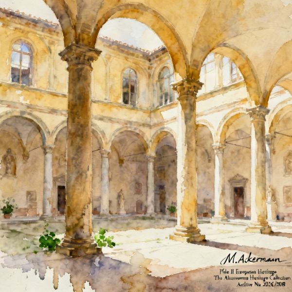Watercolor painting of Palazzo Medici-Riccardi courtyard.