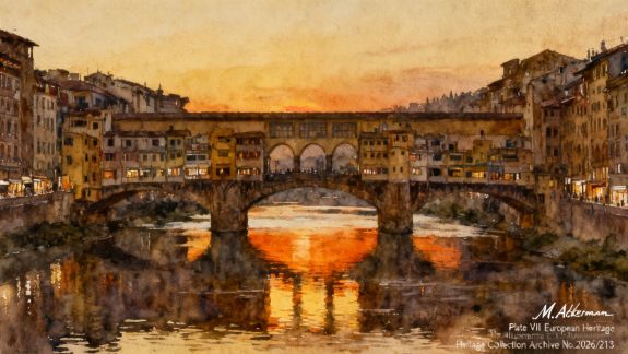 Watercolor painting of Ponte Vecchio bridge spanning the Arno River in Florence