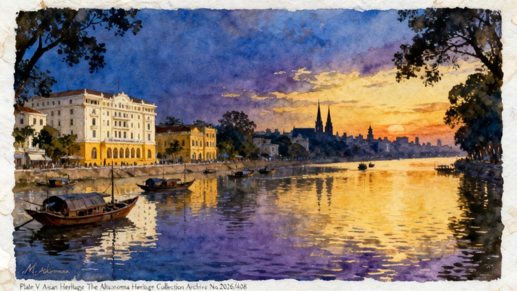 A_detailed_watercolour_panoramic_painting_of_the_Saigon_River_at_sunset_1950s