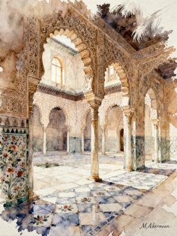 Detailed_light_washed_watercolor_painting_of_an_ornate_palace_courtyard