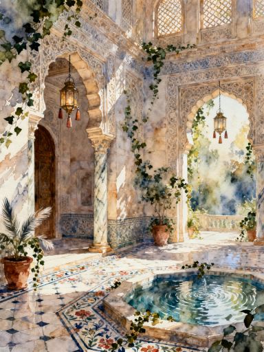 Detailed_light_washed_watercolor_painting_of_an_ornate_palace_courtyard_Jaipur