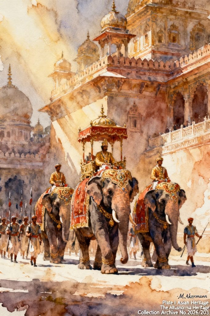 Grand watercolor painting depicting a royal procession during the Prince of Wales visit through Amer Chaupar, one of Jaipur's public squares, circa 1876.
